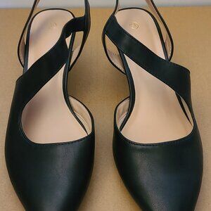 black pointed-toe women's dress shoes with diagonal straps